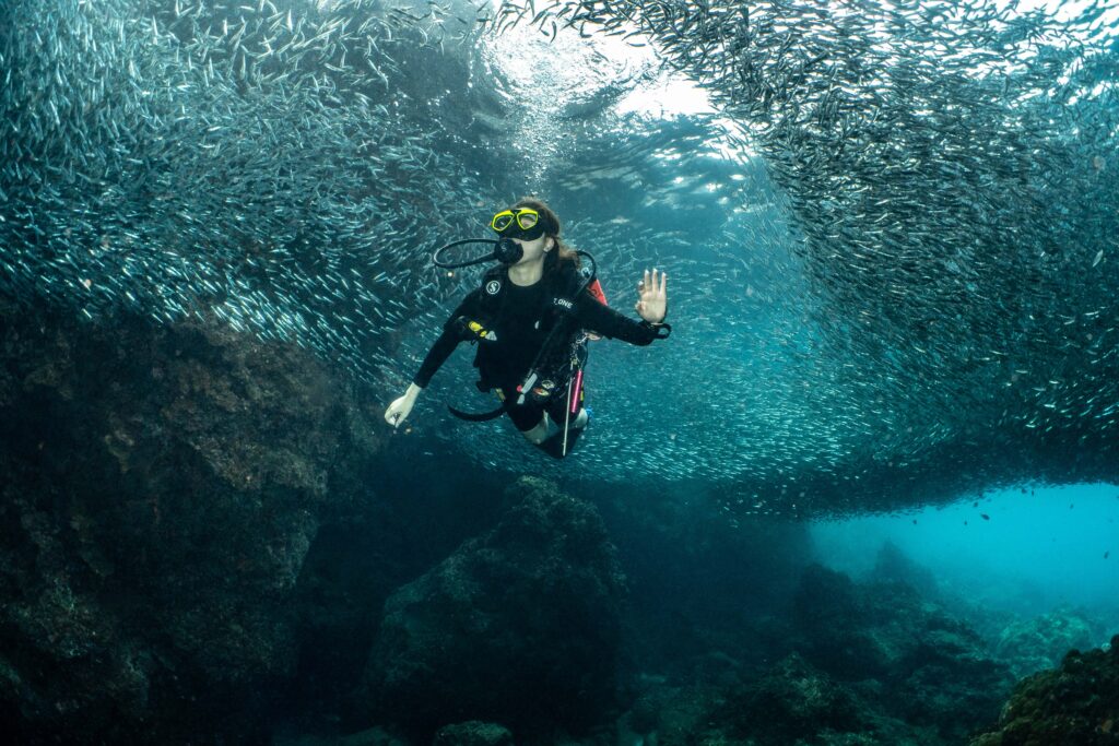A scuba diver exploring the spectacular Serenggeh Canyon while surrounded by millions of fish in the Perhentian Islands