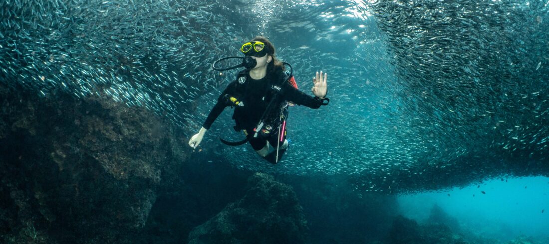 A scuba diver exploring the spectacular Serenggeh Canyon while surrounded by millions of fish in the Perhentian Islands