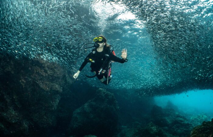 A scuba diver exploring the spectacular Serenggeh Canyon while surrounded by millions of fish in the Perhentian Islands
